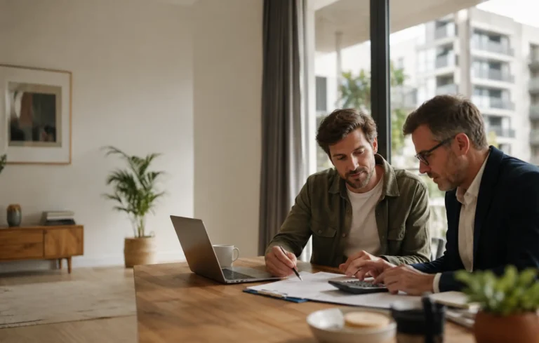 Landlord and adviser working through rental figures and affordability on a calculator and laptop, with a contemporary apartment visible through a window.