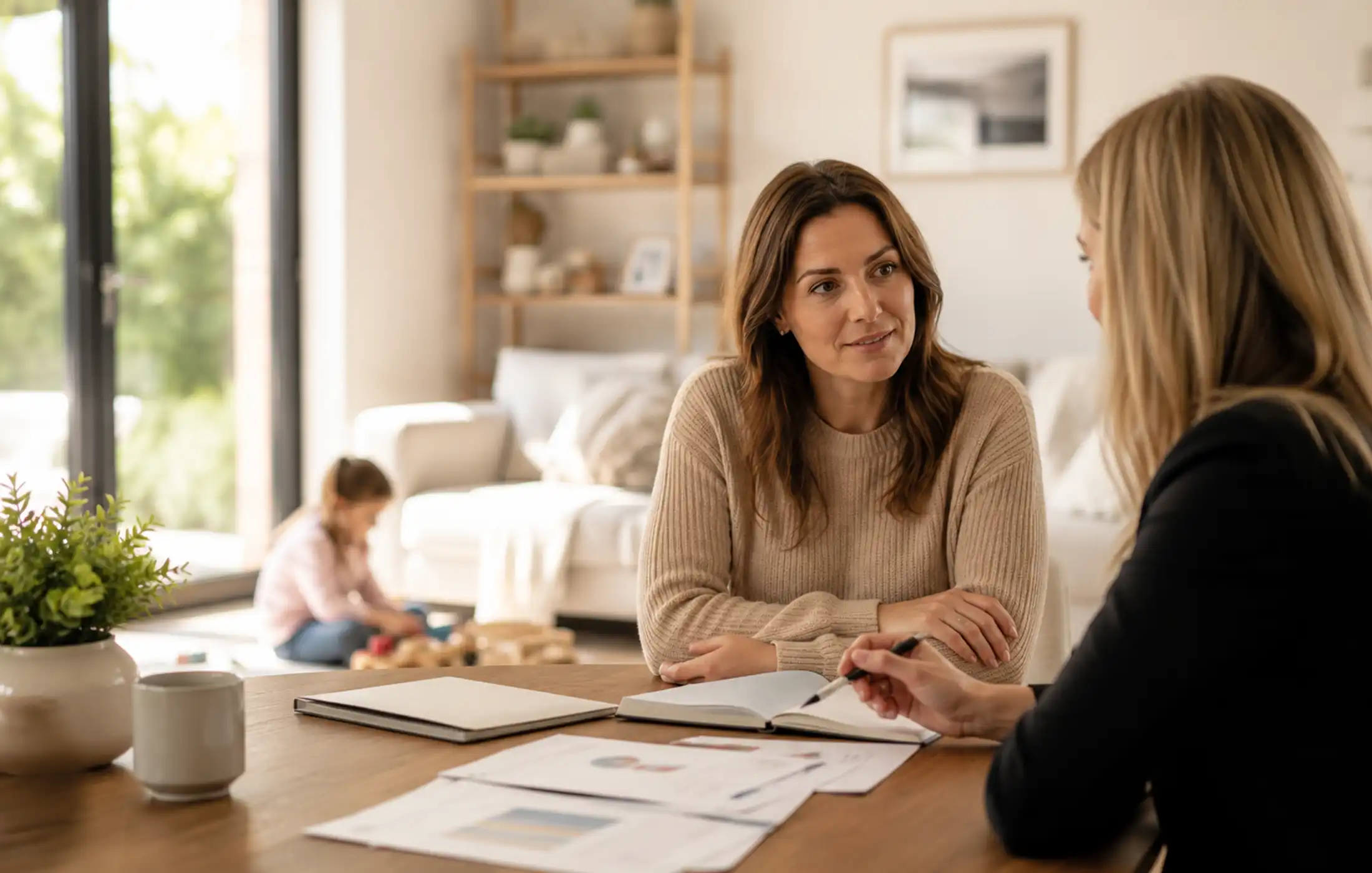 Parent discussing children's critical illness cover with an adviser while a child plays softly out of focus in the background.
