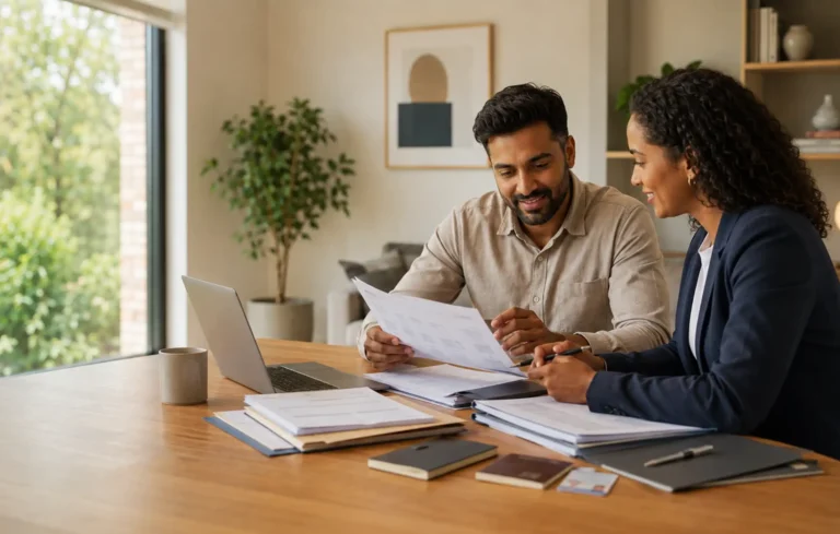 Company director organising mortgage application documents with an adviser, including accounts, tax records, bank statements and identification shown generically.