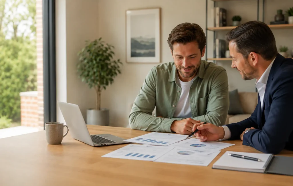 New business owner reviewing a first full year of accounts with a mortgage adviser in a calm, optimistic but realistic meeting.