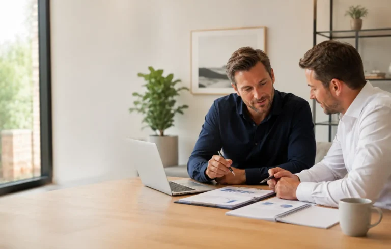 Company director and mortgage adviser reviewing business accounts in a bright contemporary UK office, with a laptop and discreet generic paperwork.