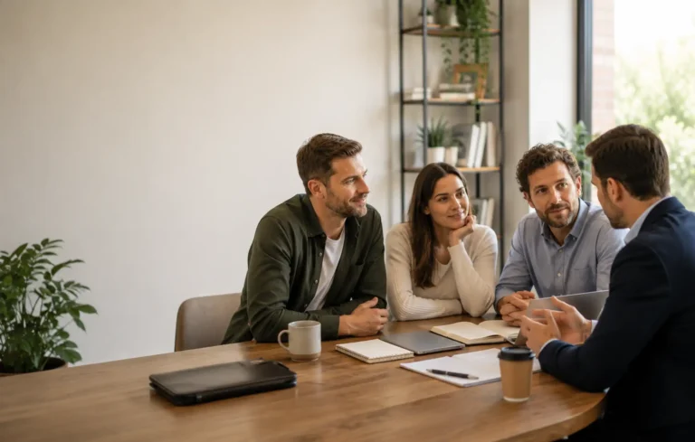 Small group representing umbrella, fixed-term and CIS contractors speaking with an adviser in a modern professional setting, with varied work cues but no uniforms or logos.