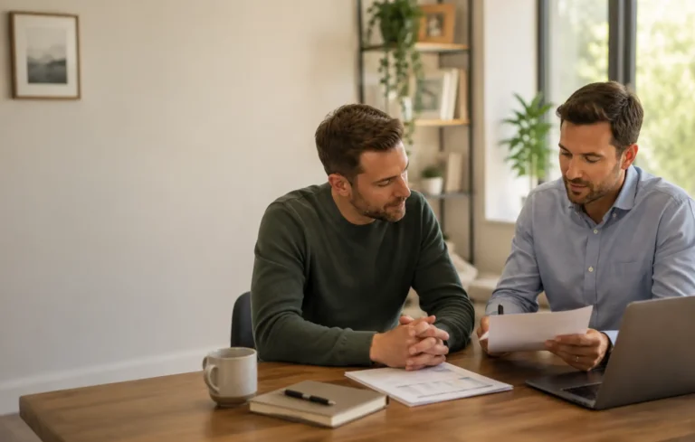 Contractor and mortgage adviser reviewing a current contract and income history in a bright contemporary home office.