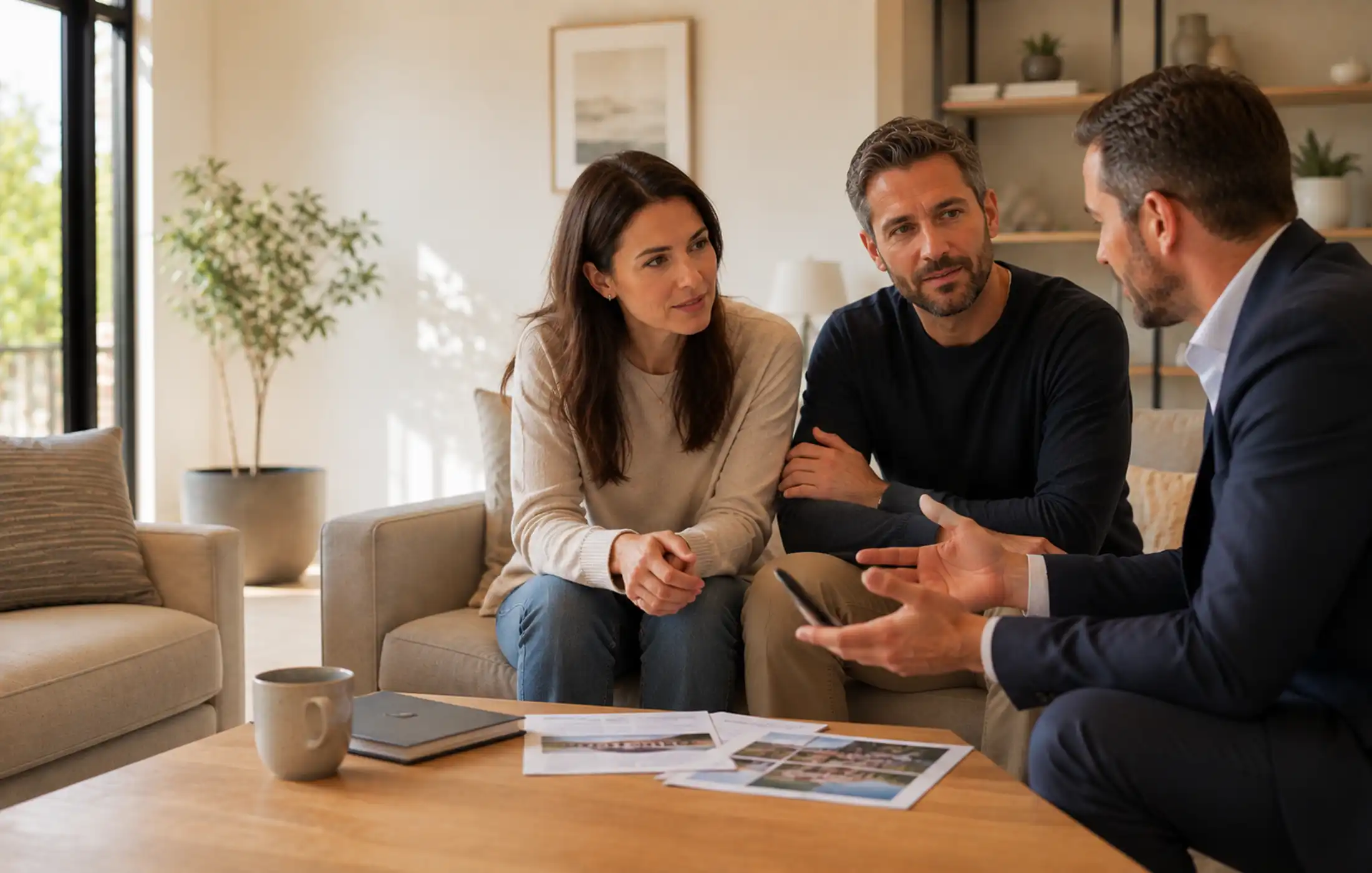 Protection adviser having a thoughtful conversation with a couple about critical illness cover in a bright modern UK home.