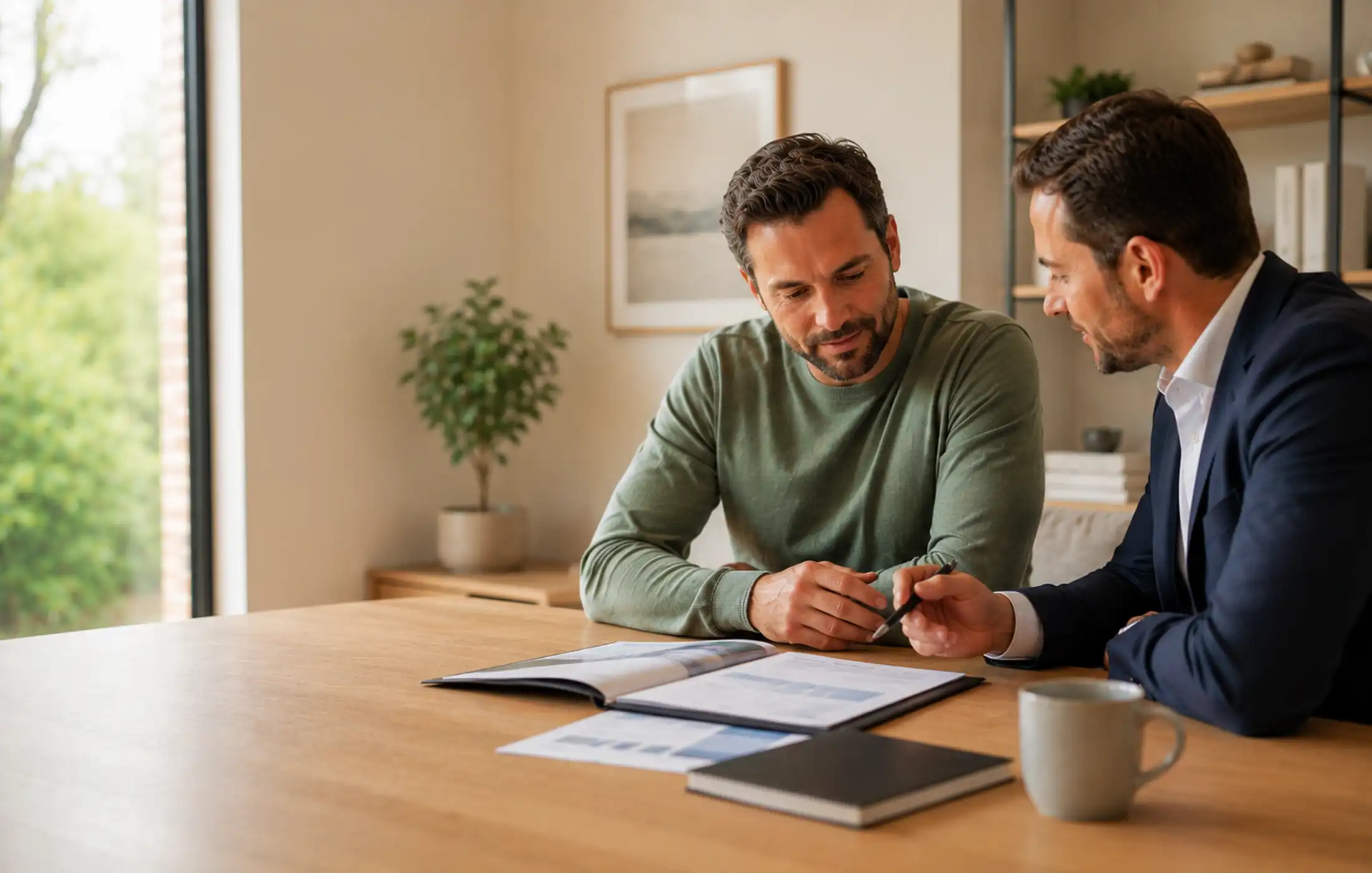 Client and adviser reviewing generic policy definitions and covered-condition information, with no medical imagery and no readable text.