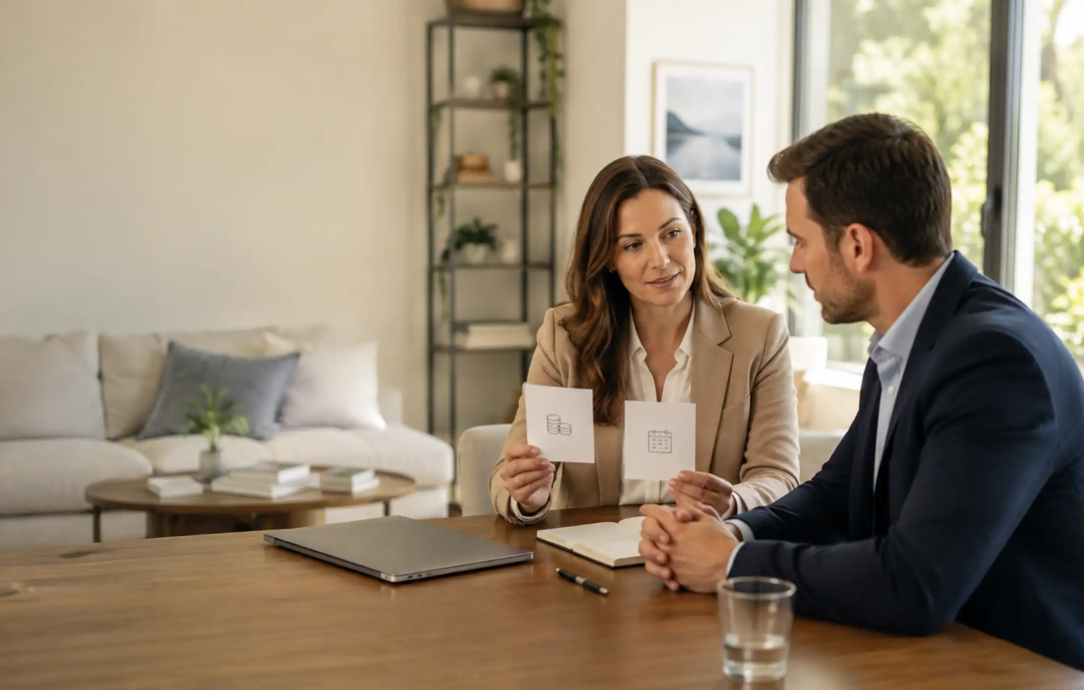 An adviser comparing lump-sum protection option with a monthly-income option for a professional client, using two simple unbranded cards.