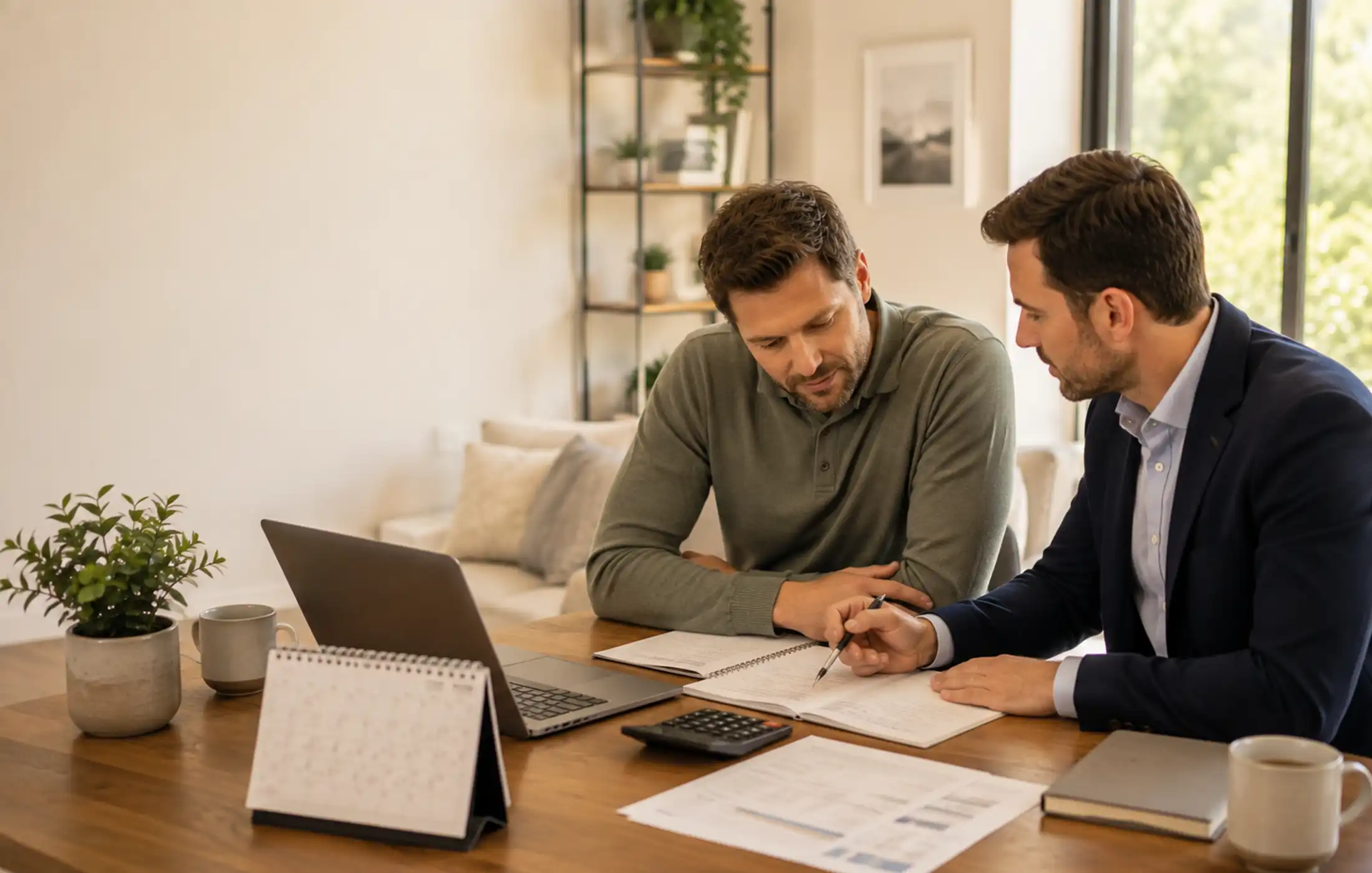 Day rate contractor mortgages: how income may be calculated Day rate contractor working through contract days, rates and annual income with an adviser, using a calendar, calculator and laptop.