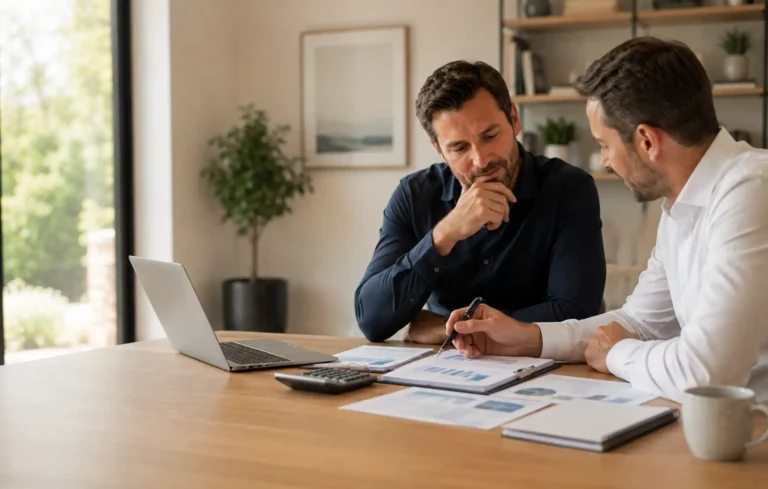 Company director considering salary, dividends and retained profit with an adviser, using simple account summaries and a calculator without readable figures.
