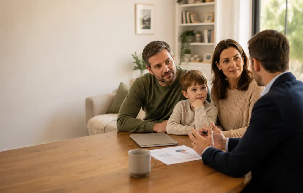 Family and protection adviser discussing how regular monthly financial support could help maintain household routines after a loss.