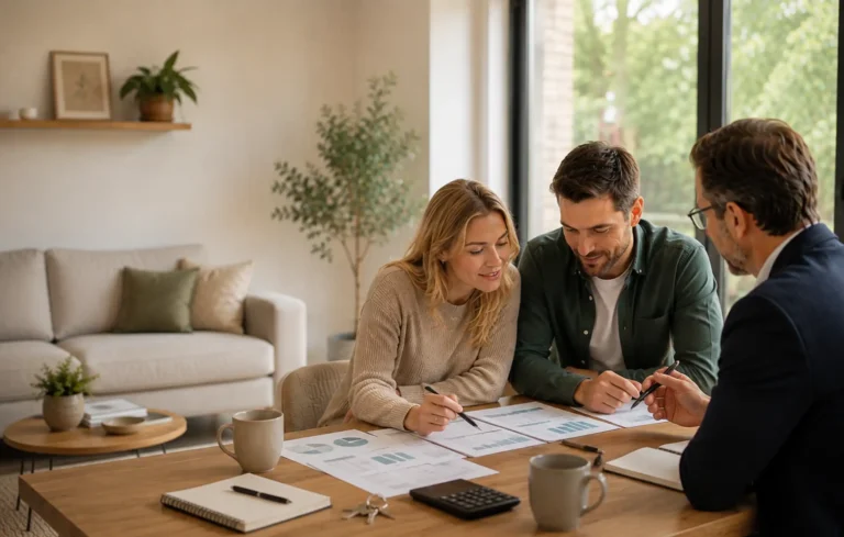 First-time buyer couple budgeting for legal, survey, mortgage and moving costs using several neat, unbranded documents.