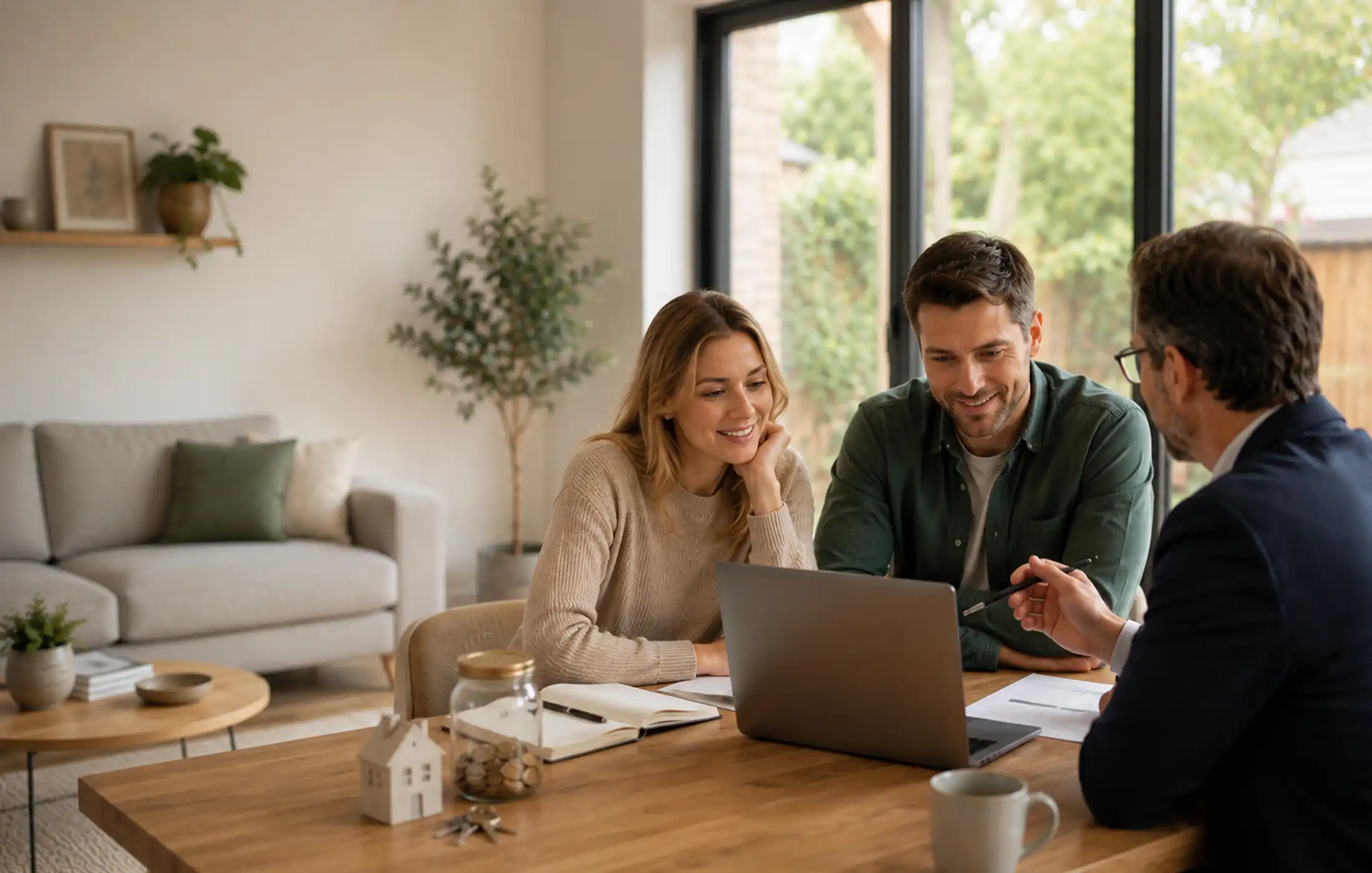 First-time buyers reviewing savings and deposit options on laptop with an adviser, with a simple house key and savings pot nearby.