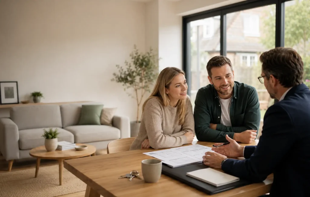 First-time buyer couple having a calm mortgage planning conversation with an adviser in a bright contemporary UK home, with keys and generic paperwork.