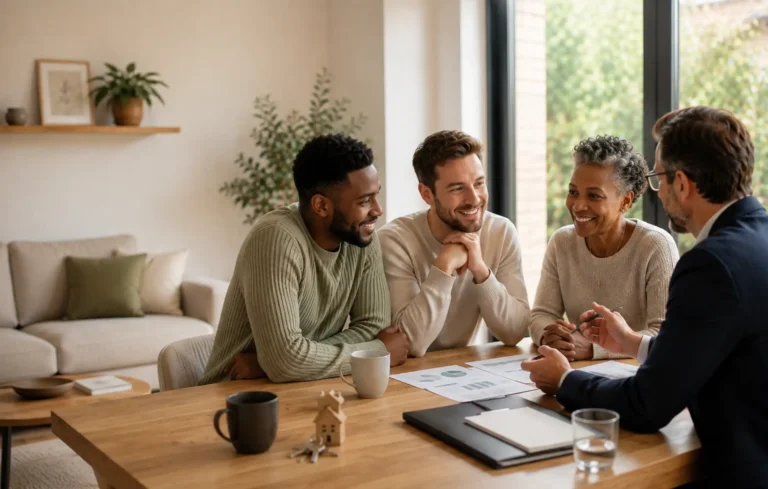 Younger first-time buyers discussing gifted deposit with a parent and mortgage adviser in a warm, collaborative home setting.