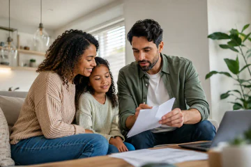 Family discussing protection advice at home.