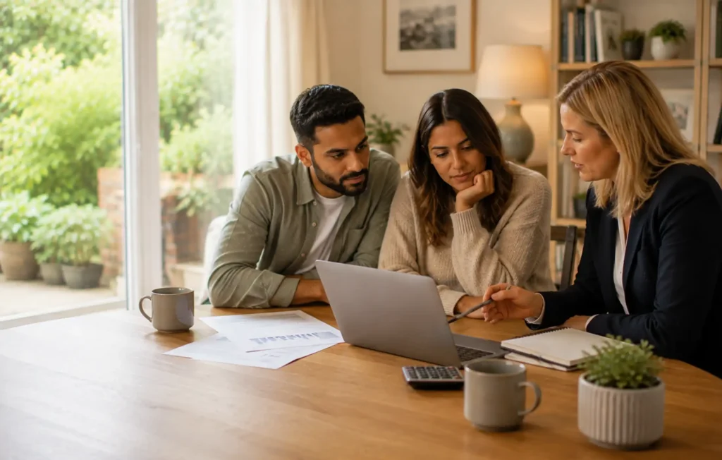 Couple and adviser reviewing income, commitments and a realistic mortgage budget on a laptop and calculator.