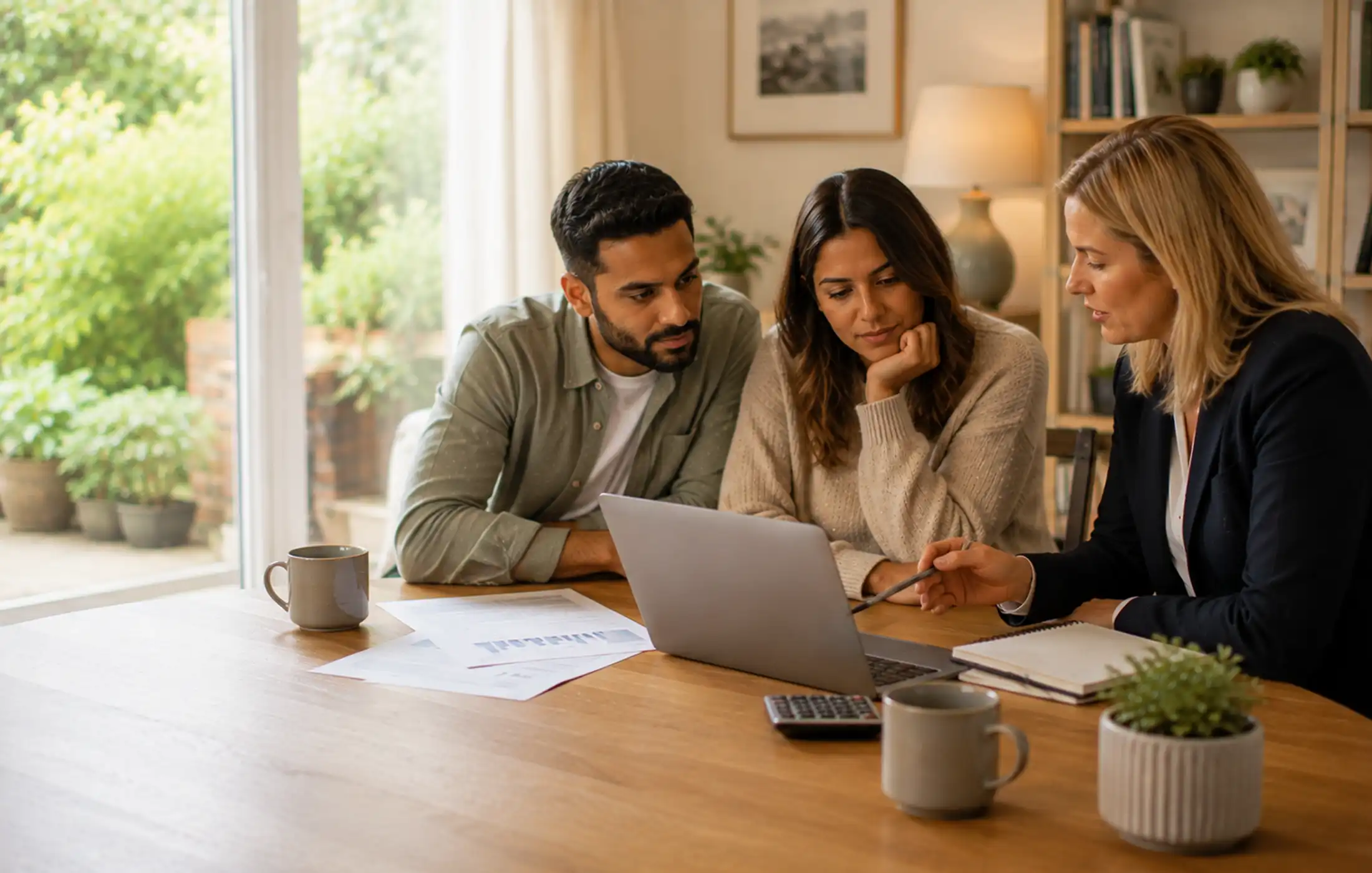 Couple and adviser reviewing income, commitments and a realistic mortgage budget on a laptop and calculator.