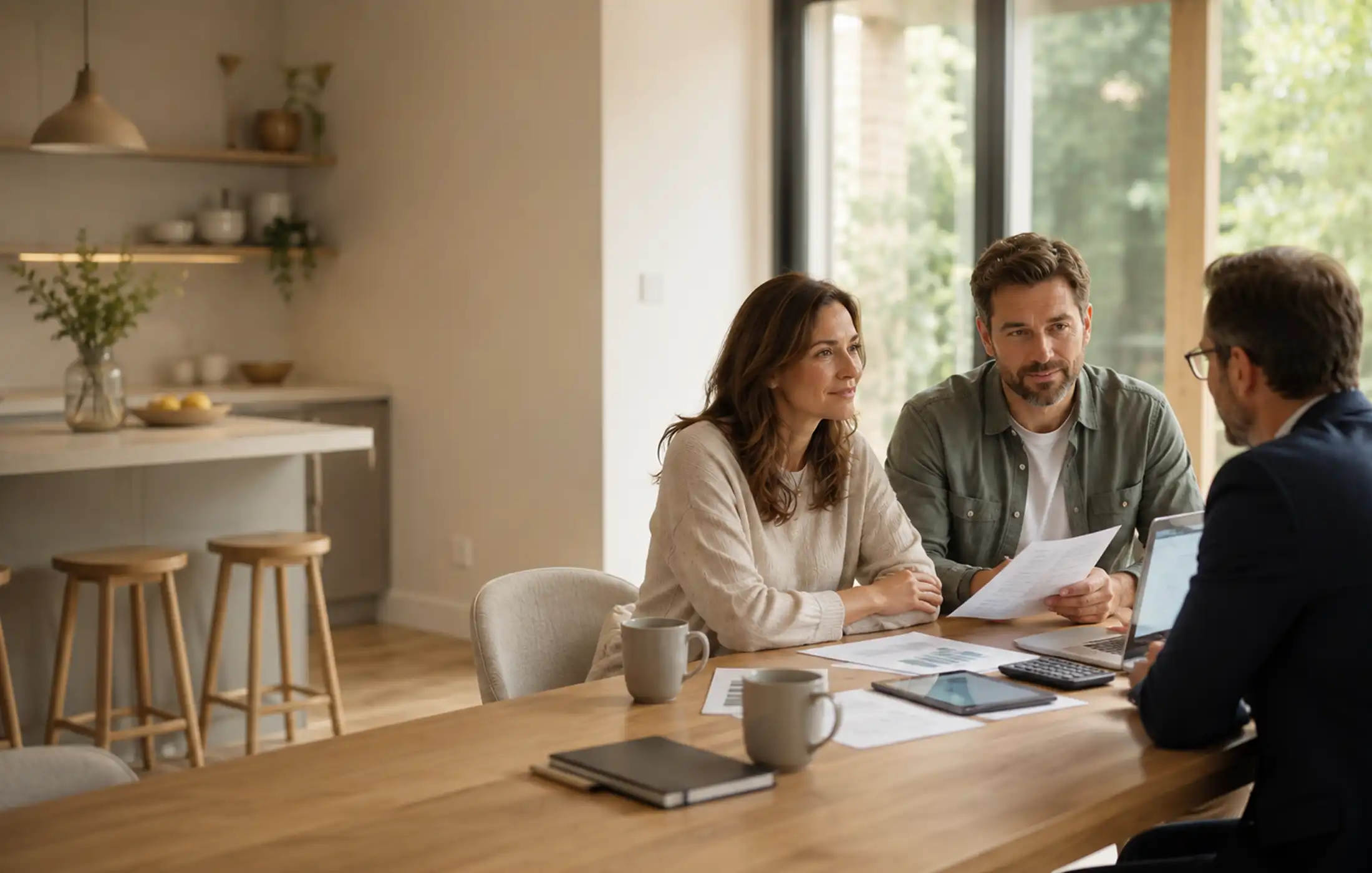 Parents reviewing household spending and future family needs with protection adviser at a bright kitchen table.