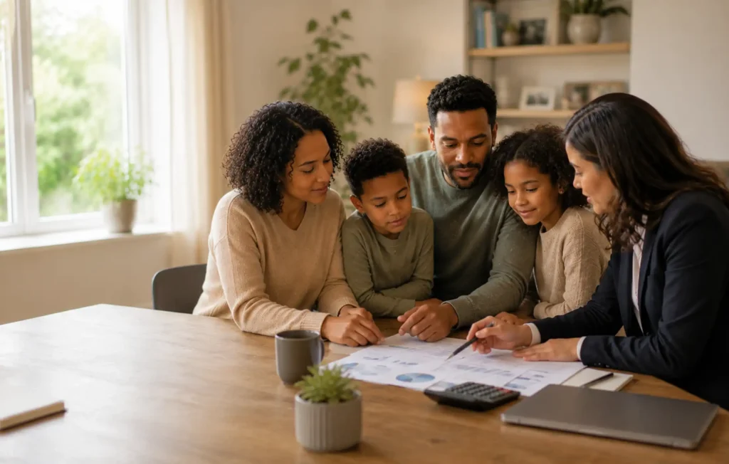 Family reviewing debts, household costs and future income needs with an adviser, using a simple budget and generic documents.