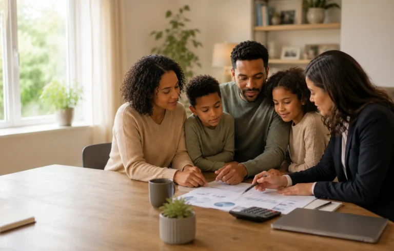 Family reviewing debts, household costs and future income needs with an adviser, using a simple budget and generic documents.