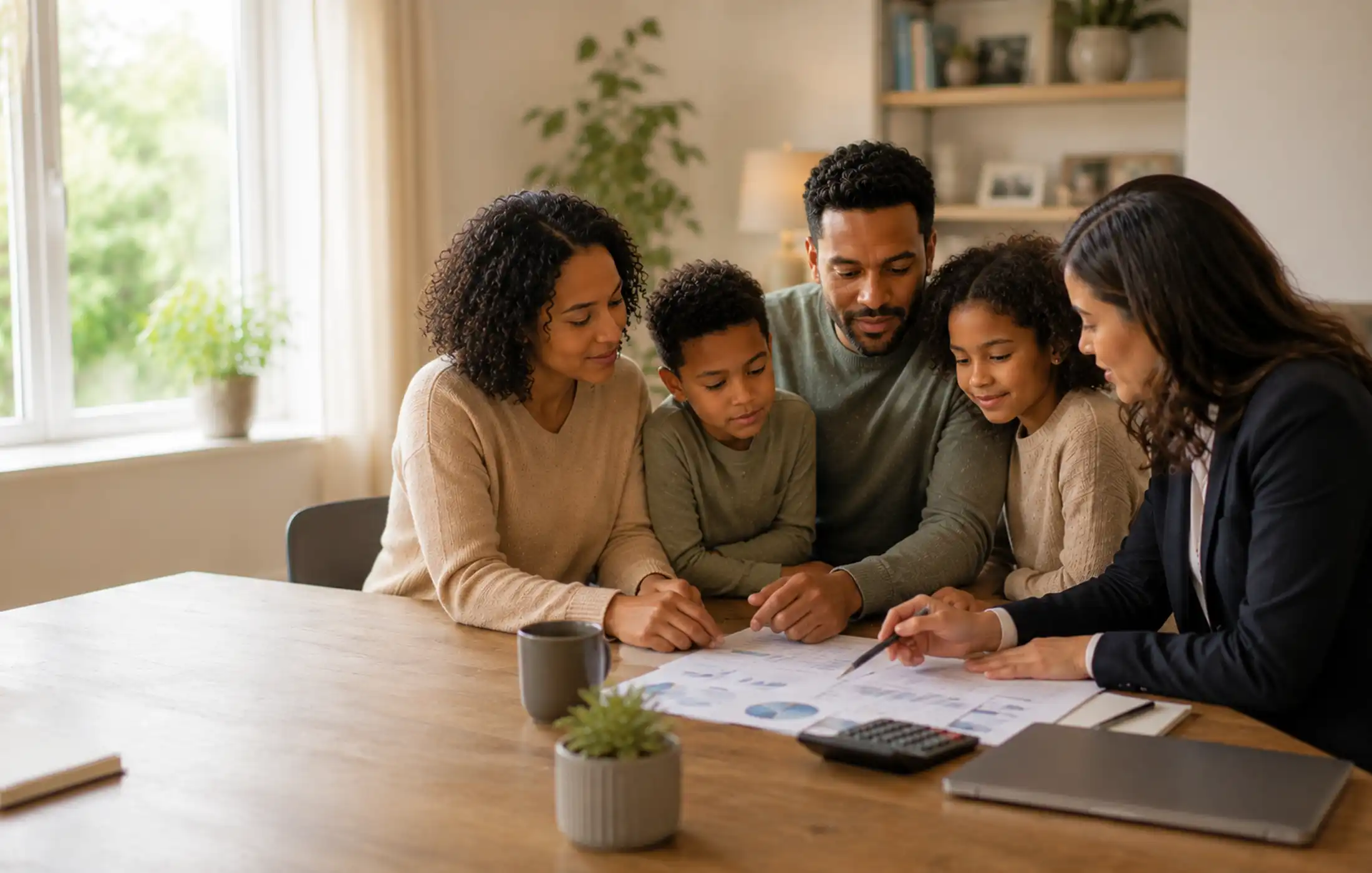 Family reviewing debts, household costs and future income needs with an adviser, using a simple budget and generic documents.