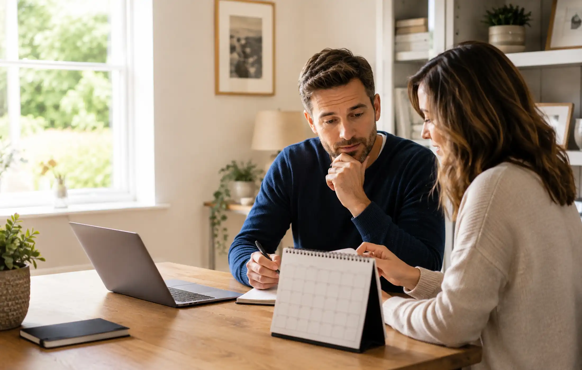 Income protection deferred periods explained Professional reviewing employer sick pay, savings and an income protection waiting period with an adviser and a clearly visible but text-free calendar.