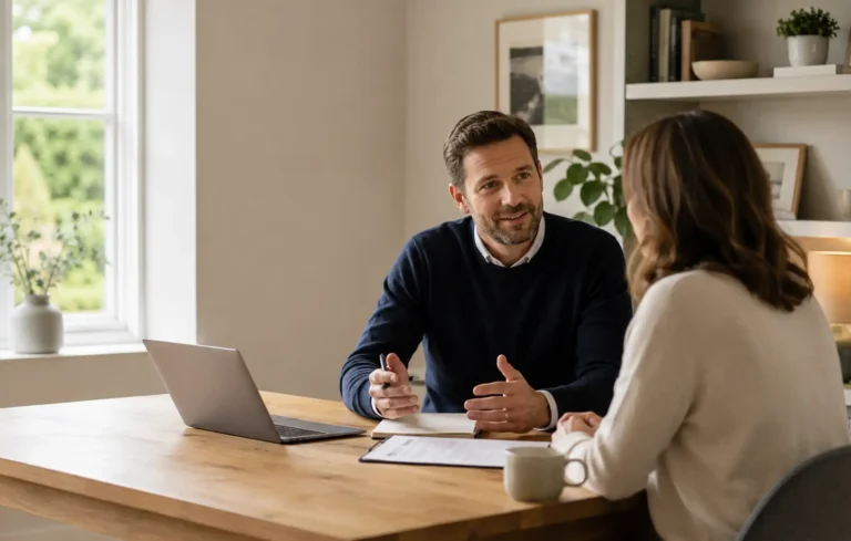 Professional and protection adviser discussing income protection in a calm one-to-one meeting in a bright UK home office.