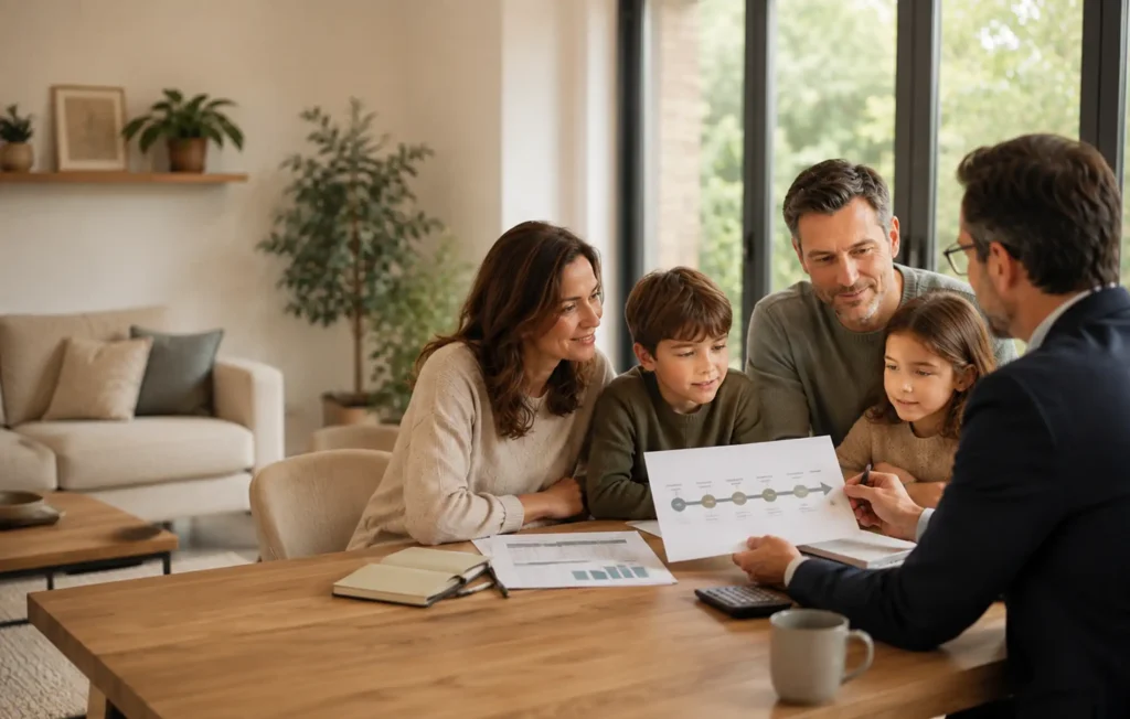 Family reviewing a long-term protection plan with an adviser, using a subtle timeline and household budget to represent inflation over time.