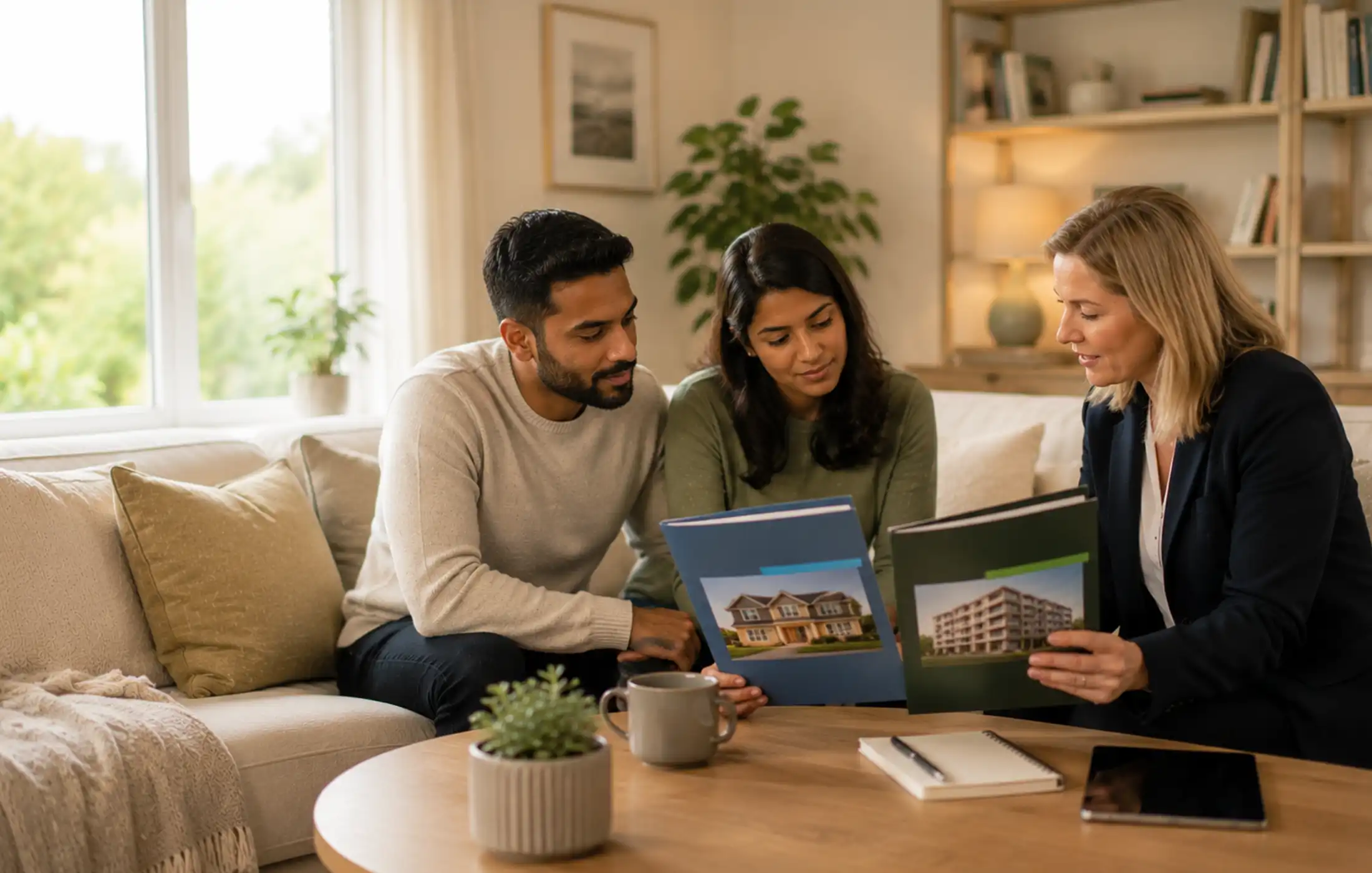 Let to buy affordability: how both mortgages may be assessed Couple and mortgage adviser reviewing affordability for two properties, with separate generic residential and rental property files.