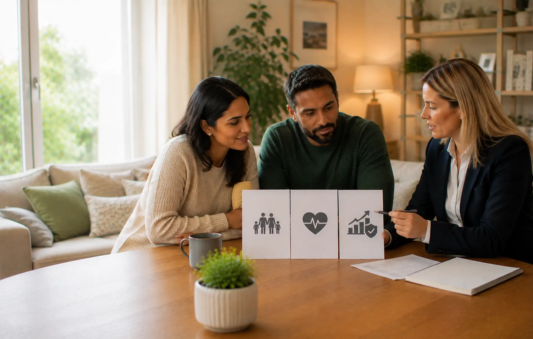 Life insurance, critical illness and income protection compared An adviser comparing three text-free protection options for life cover, critical illness cover and income protection with couple.