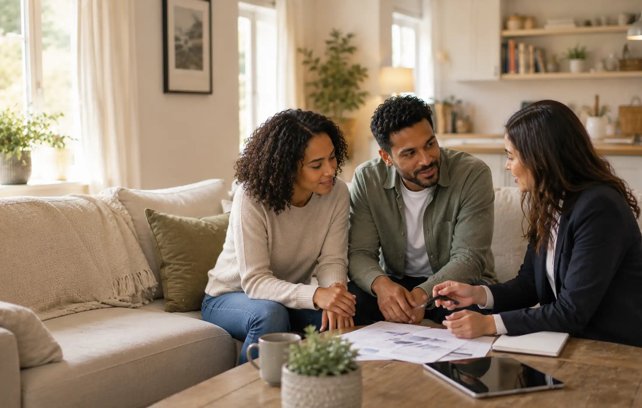 Couple having a calm, thoughtful life insurance conversation with a protection adviser in a bright modern UK home.