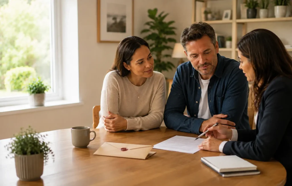 Couple discussing life insurance trusts and beneficiary arrangements with an adviser, with a sealed envelope and generic legal-style document.