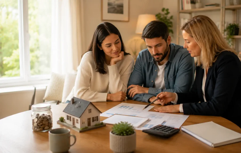 Prospective buyers discussing deposit size, loan-to-value and mortgage pricing with an adviser, using house model and savings documents.