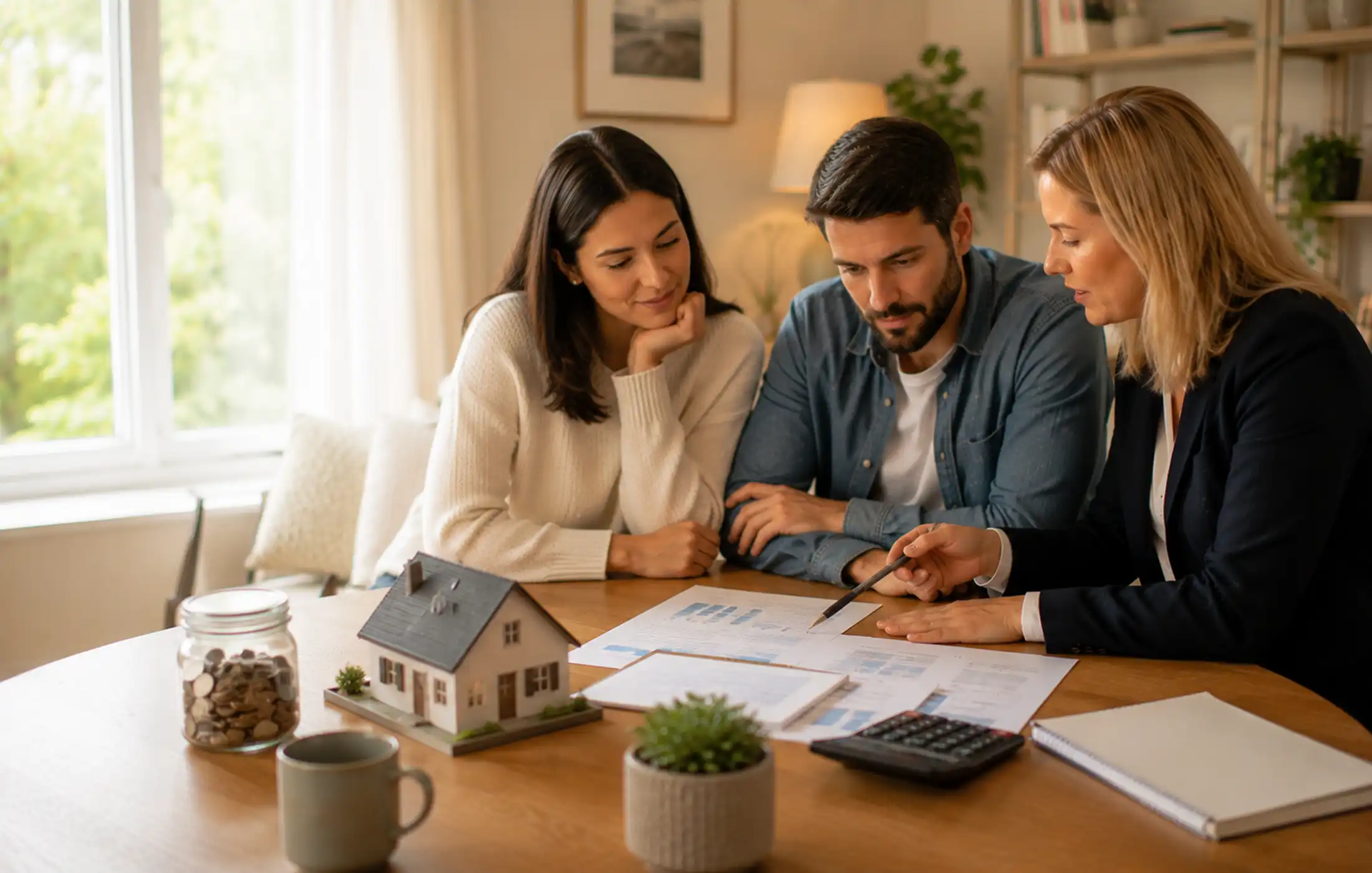 Prospective buyers discussing deposit size, loan-to-value and mortgage pricing with an adviser, using house model and savings documents.