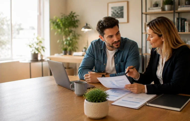 Newly self-employed business owner discussing a first year of accounts and mortgage plans with an adviser.