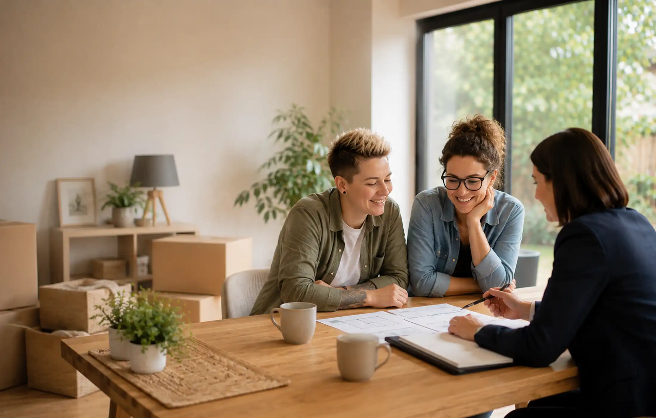 Household preparing to move home, with a few tidy boxes and an adviser reviewing mortgage plans at a dining table.