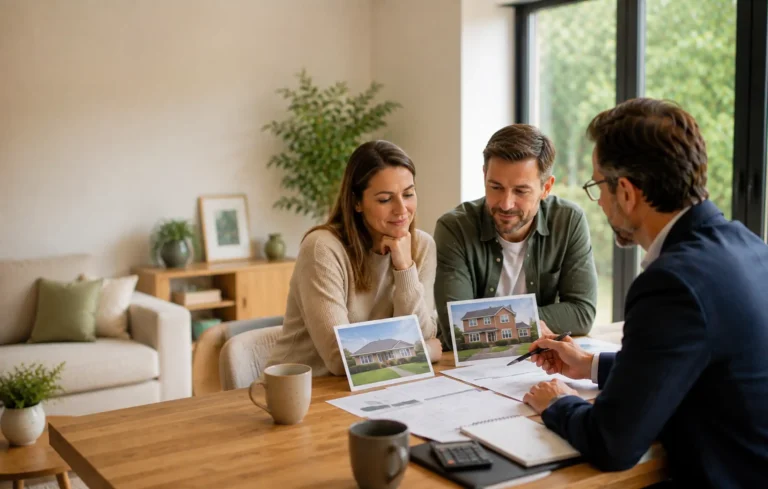 Homeowners comparing two prospective properties of different sizes with mortgage adviser, focusing on affordability and equity rather than luxury.