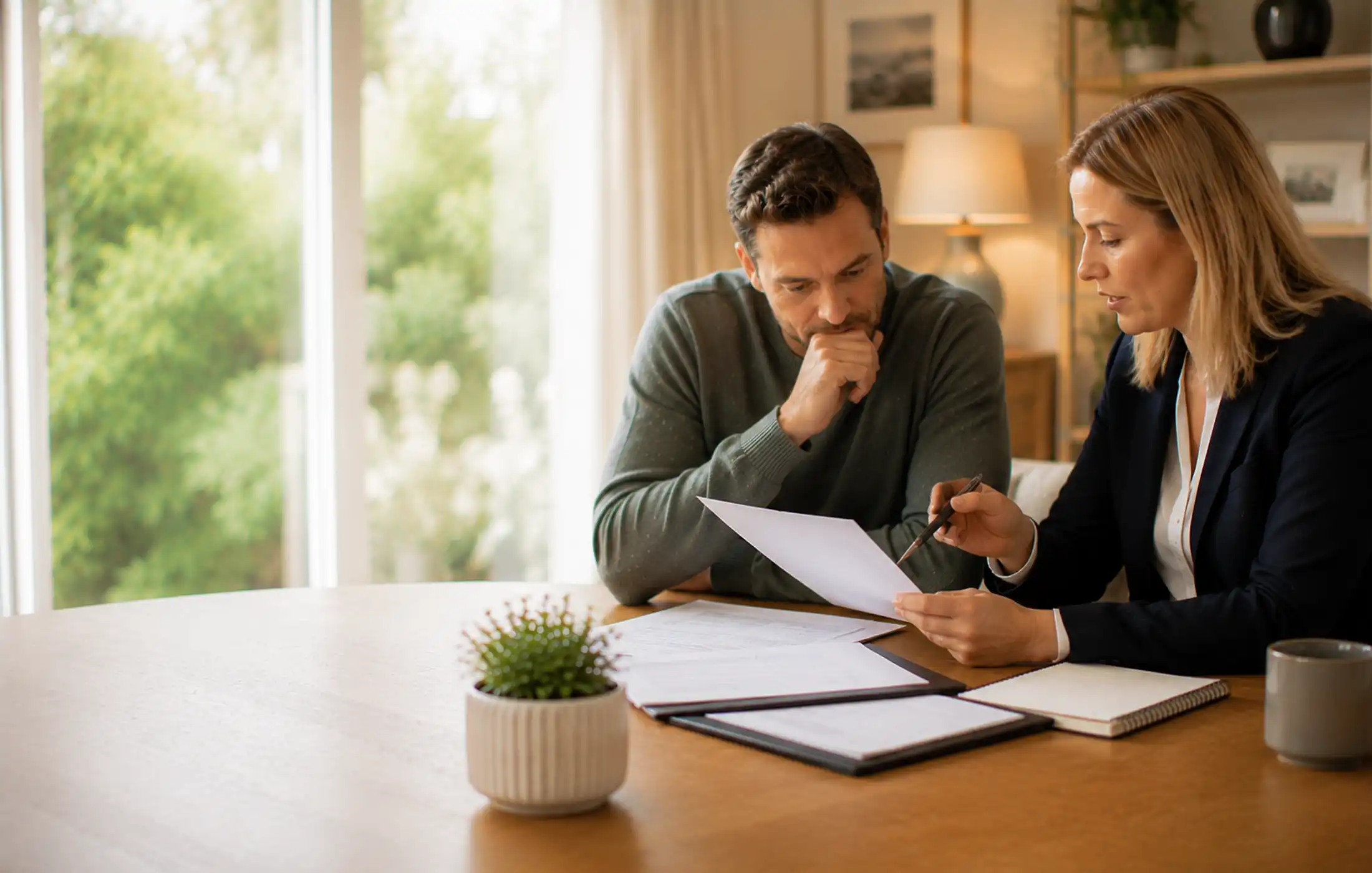 MPPI exclusions, waiting periods and point-of-claim underwriting Client carefully reviewing MPPI exclusions, waiting periods and claim evidence with an adviser, with policy papers but no readable text.