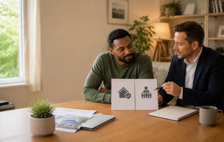 An adviser comparing mortgage-payment cover with broader income protection for working homeowner using two simple unbranded options.