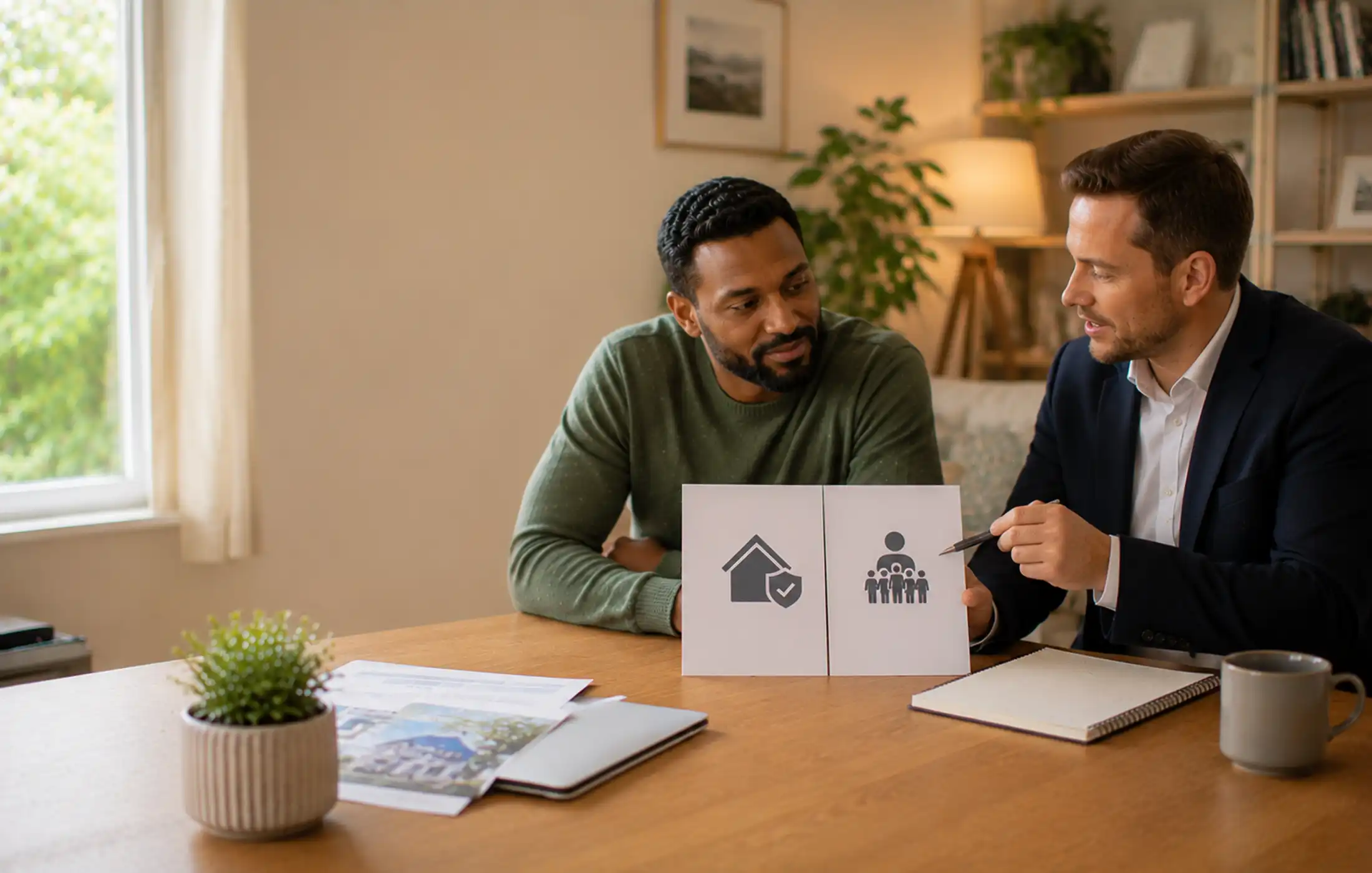 An adviser comparing mortgage-payment cover with broader income protection for working homeowner using two simple unbranded options.