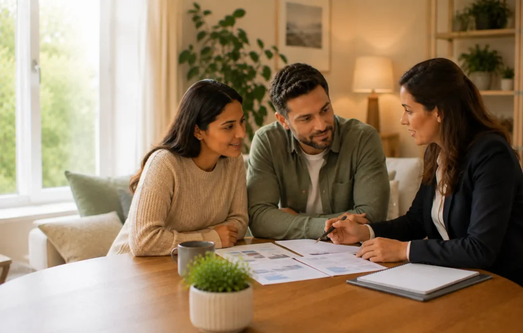 Couple and protection adviser reviewing life, illness and income risks together in a warm contemporary UK home.