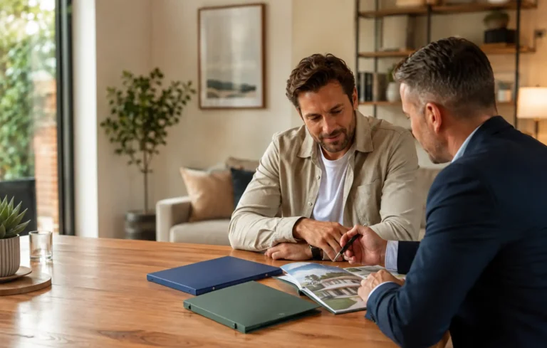 Property investor discussing personal ownership and limited-company ownership with an adviser, using two simple unbranded folders beside a property brochure.