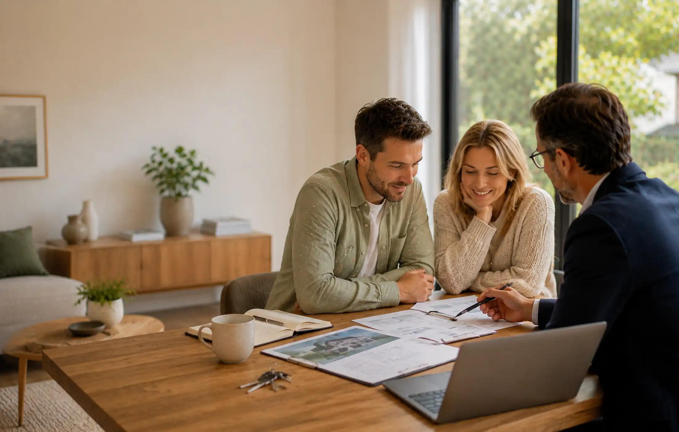 Homeowners reviewing their existing mortgage while planning move, with keys from the current home and a generic image of the next property.