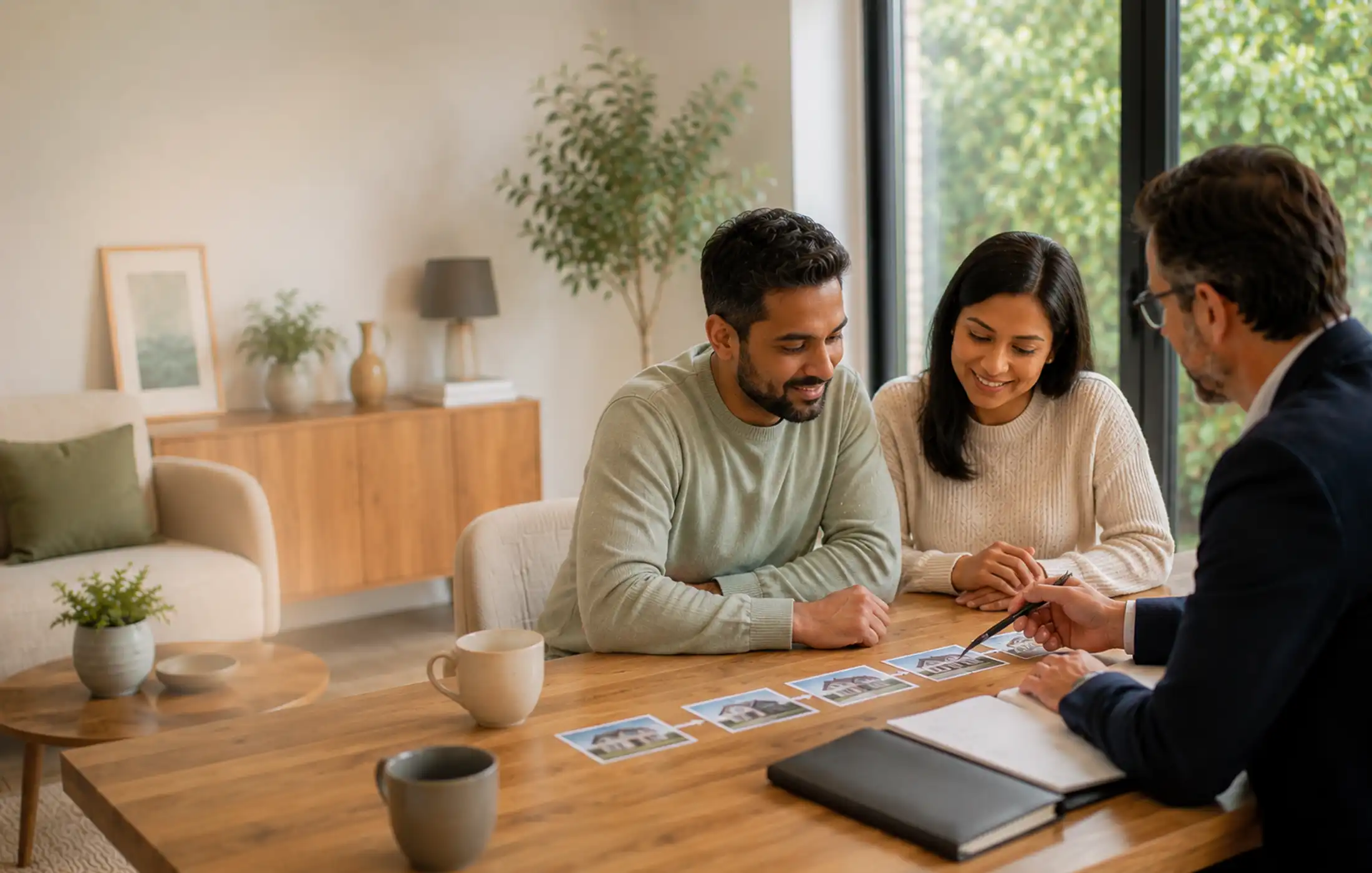 Couple and adviser discussing the timing of a property chain using several unbranded house cards arranged in sequence.