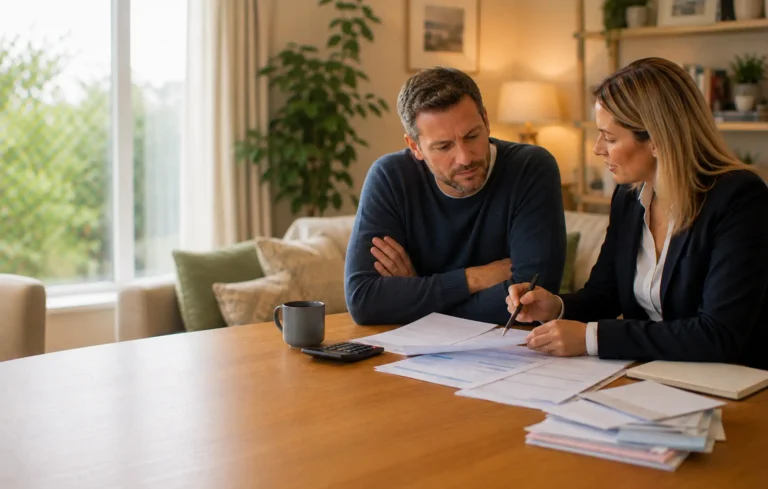 Serious but non-judgemental conversation between a homeowner and adviser about consolidating unsecured debts into a mortgage, with neatly organised generic bills.