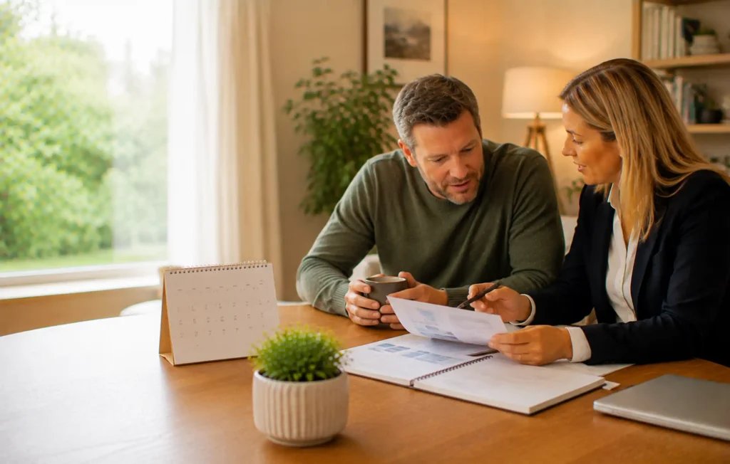 Homeowner reviewing their mortgage before the current deal ends, with an adviser, a calendar and a generic mortgage statement.