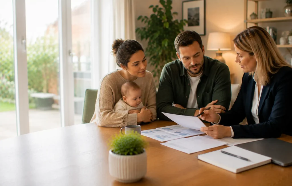 Returning client reviewing existing protection after a home move, new family responsibility or job change with an adviser.