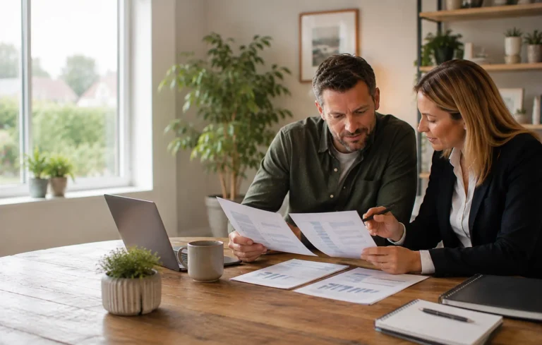 Self-employed applicant reviewing SA302s and Tax Year Overviews with an adviser, using generic HMRC-style documents with no readable text or branding.