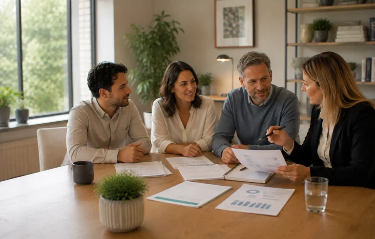 An adviser meeting small-business clients representing sole trader, partnership and limited company, with subtle differences in generic financial documents.