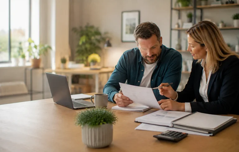 Self-employed business owner and mortgage adviser reviewing accounts and income evidence in a bright contemporary UK workspace.