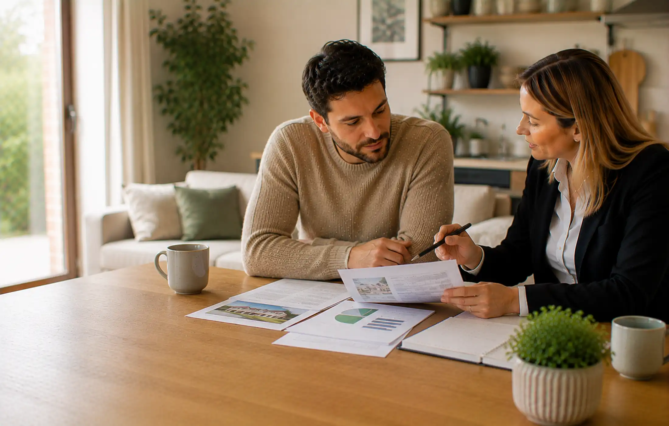 Shared ownership homeowner reviewing selling and remortgaging options with an adviser, with generic valuation and housing-association documents.
